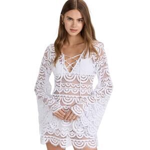 PQ Swim Water Lily Noah Tunic M/L White Lace Coverup Bell Sleeve Chic Resort